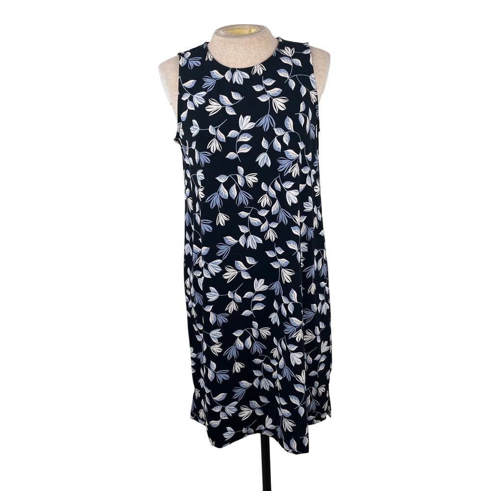 J. Jill Wearever Blue Leaf Print Sleeveless Shift Dress Small Petite Black Rayon